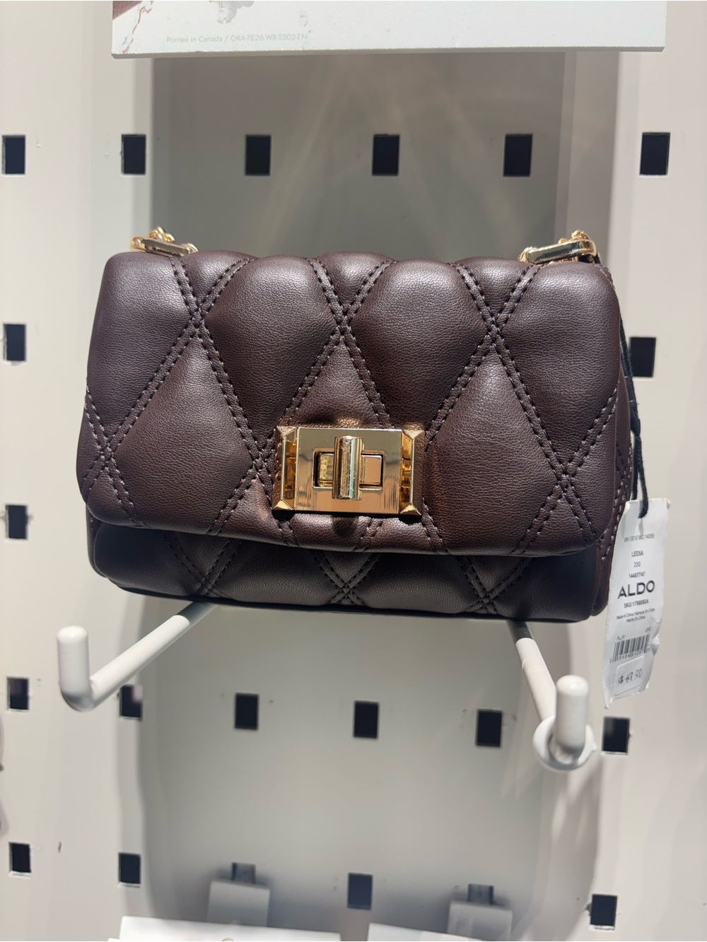 Aldo Quilted Dark Brown Crossbody Bag with Gold Hardware